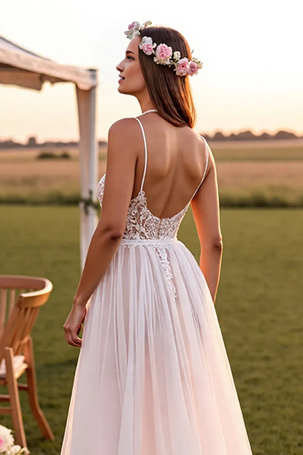 Boho A-Line Spaghetti Straps Sleeveless Chiffon Sweep Train Wedding Dress