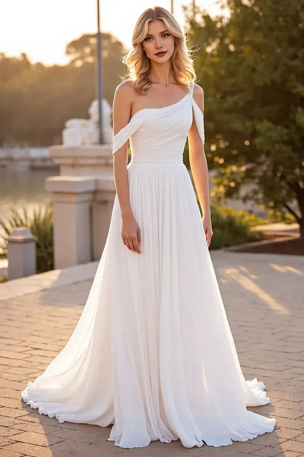 Boho A Line Asymmetrical Neck Sleeveless Chiffon Sweep Train Wedding Dress