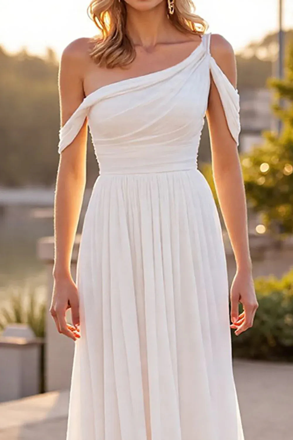 Boho A Line Asymmetrical Neck Sleeveless Chiffon Sweep Train Wedding Dress