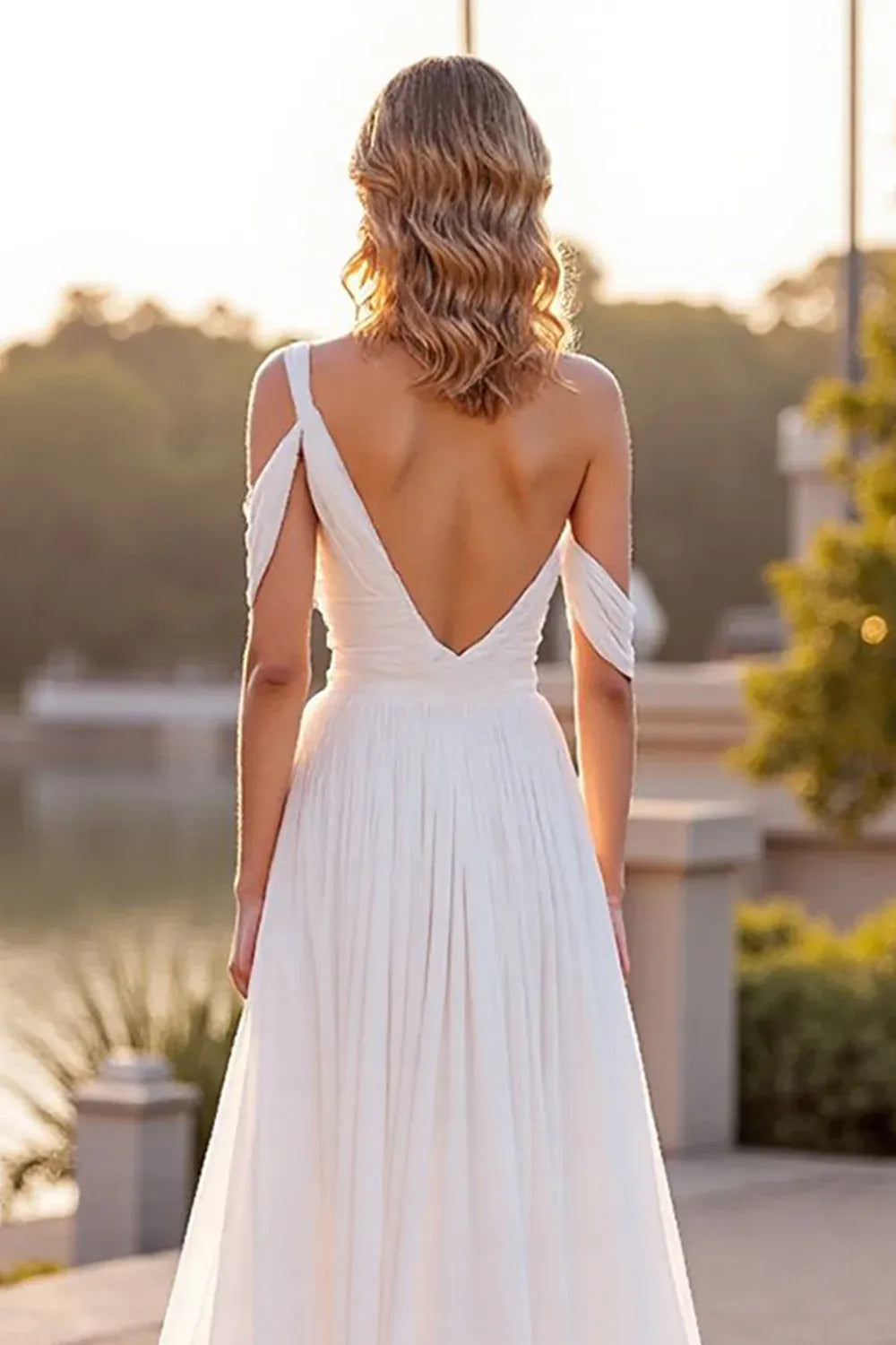 Boho A Line Asymmetrical Neck Sleeveless Chiffon Sweep Train Wedding Dress