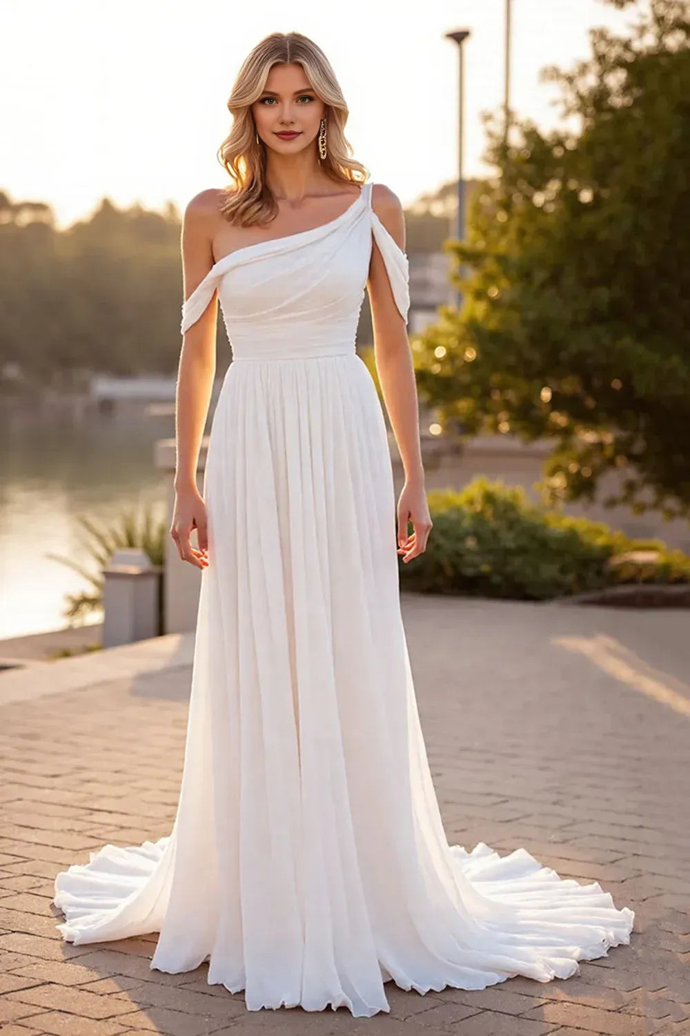 Boho A Line Asymmetrical Neck Sleeveless Chiffon Sweep Train Wedding Dress
