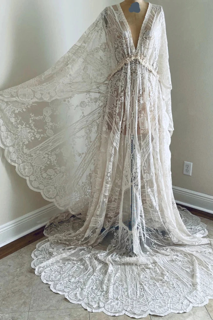 Boho Ivory Lace Wedding Dress With Fringe Maternity Wedding Dress Bell Sleeve Wedding Dress Boho Wedding Dress Photoshoot Dress Bride Dress