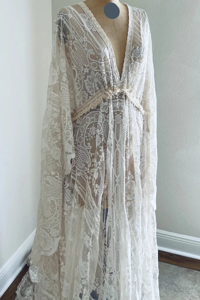 Boho Ivory Lace Wedding Dress With Fringe Maternity Wedding Dress Bell Sleeve Wedding Dress Boho Wedding Dress Photoshoot Dress Bride Dress