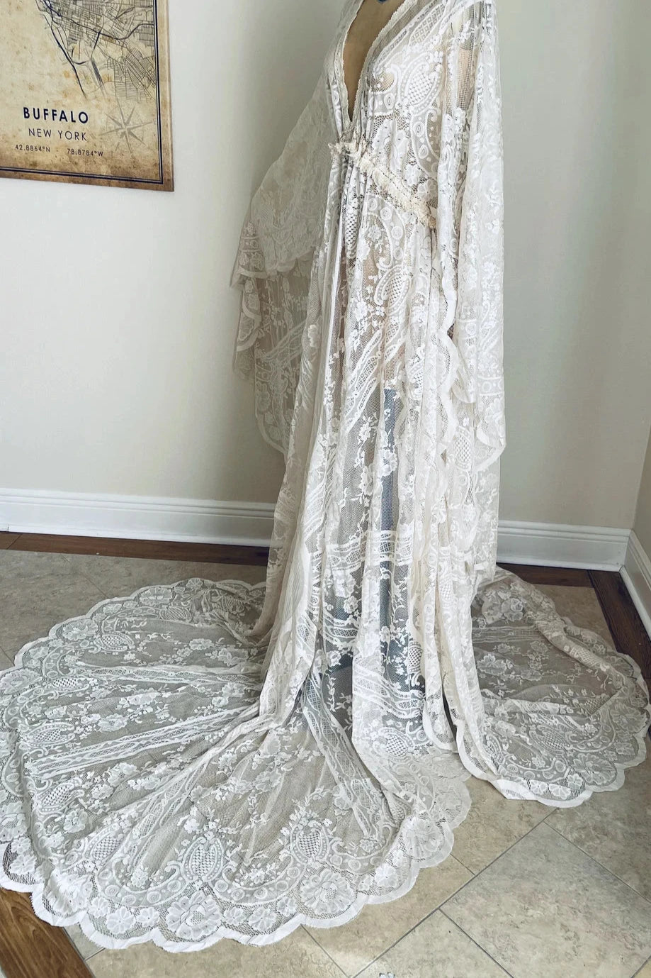 Boho Ivory Lace Wedding Dress With Fringe Maternity Wedding Dress Bell Sleeve Wedding Dress Boho Wedding Dress Photoshoot Dress Bride Dress