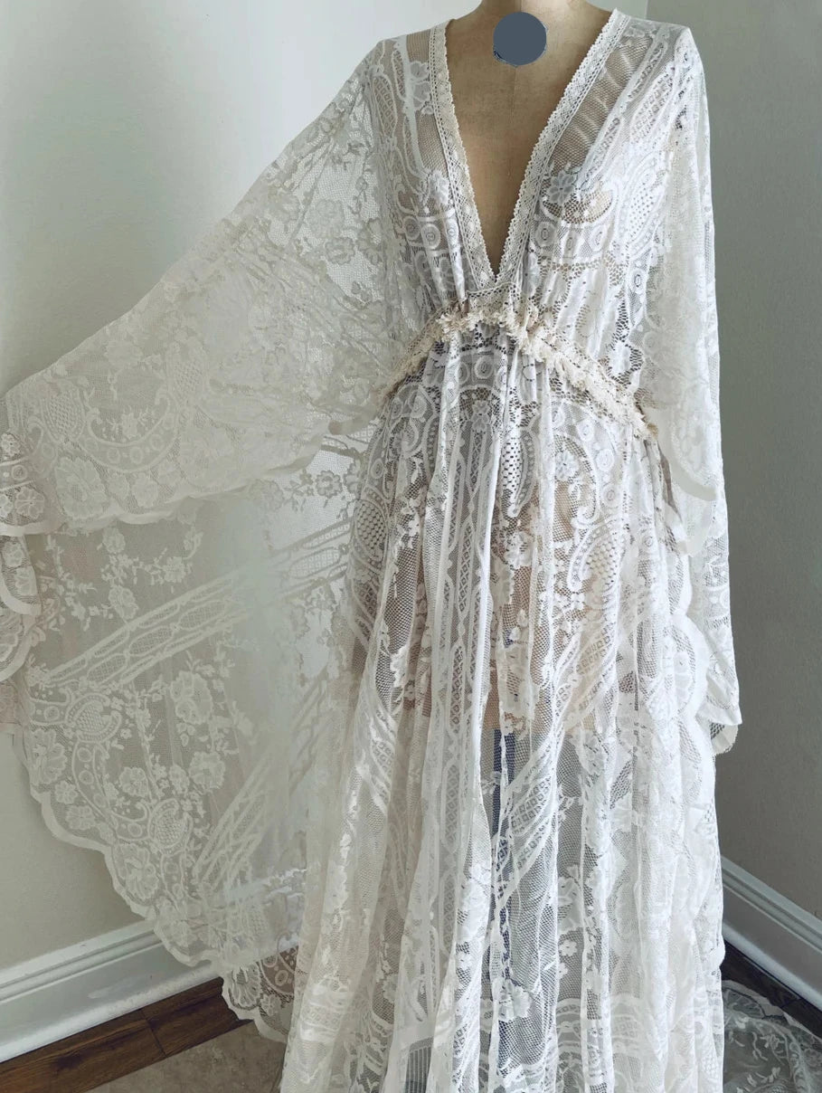 Boho Ivory Lace Wedding Dress With Fringe Maternity Wedding Dress Bell Sleeve Wedding Dress Boho Wedding Dress Photoshoot Dress Bride Dress