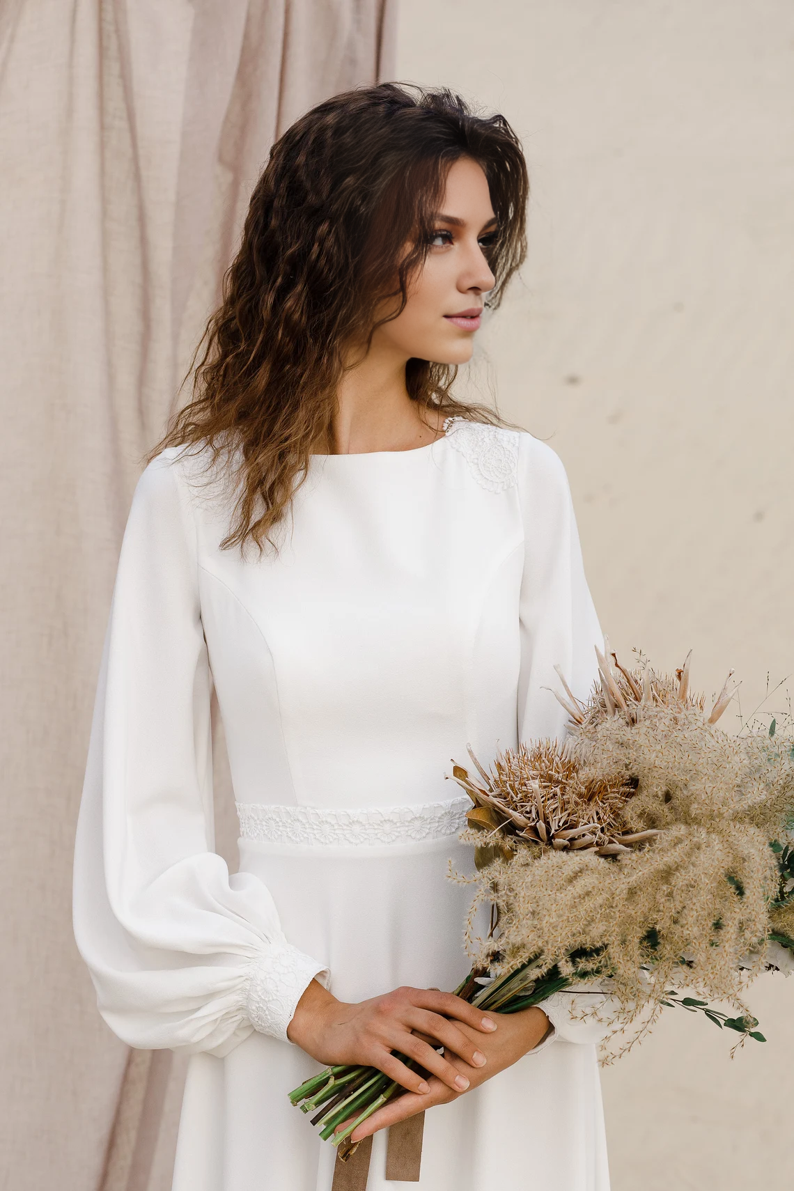 Boho Long Sleeve Wedding Dress Puff Sleeve Wedding Dress Simple A Line Wedding Dress Floor Length