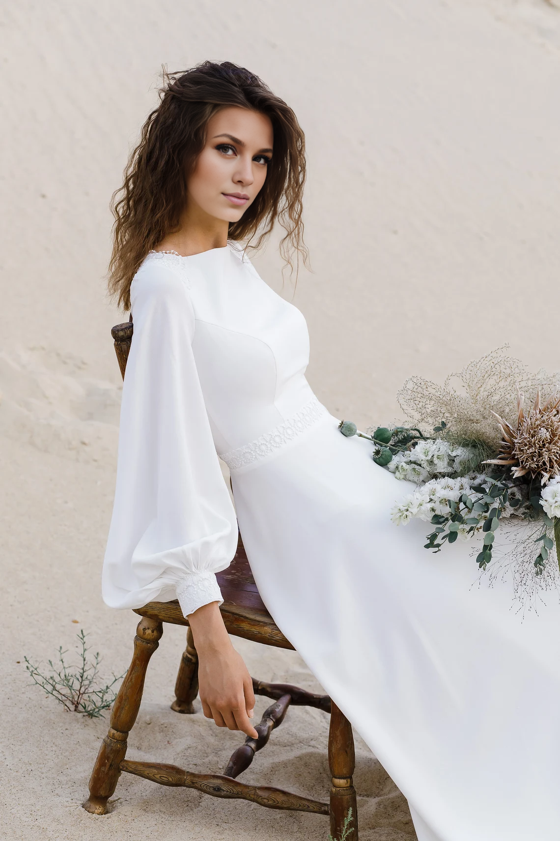 Boho Long Sleeve Wedding Dress Puff Sleeve Wedding Dress Simple A Line Wedding Dress Floor Length