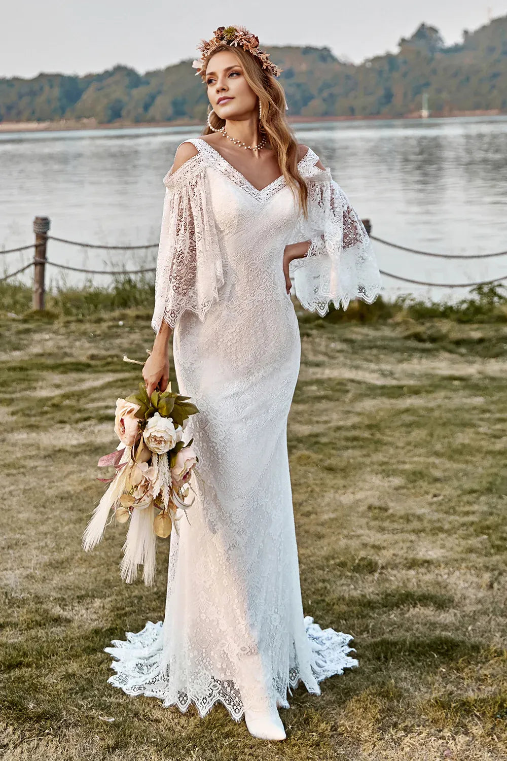 Boho Mermaid Cold Shoulder Cape Sleeve V Back Sweep Train Wedding Dress