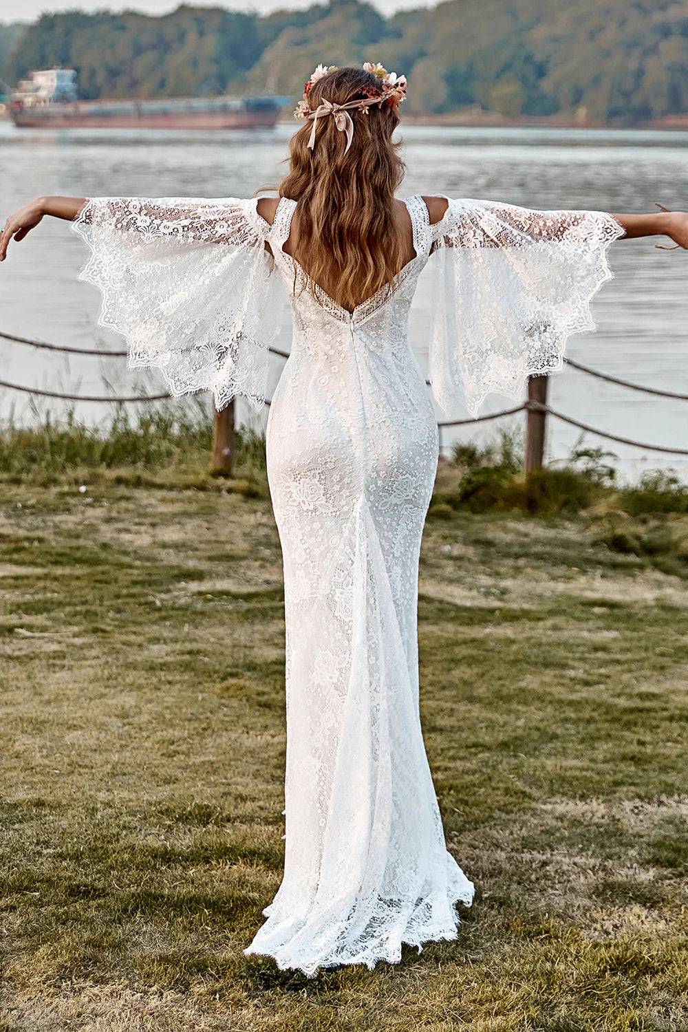 Boho Mermaid Cold Shoulder Cape Sleeve V Back Sweep Train Wedding Dress