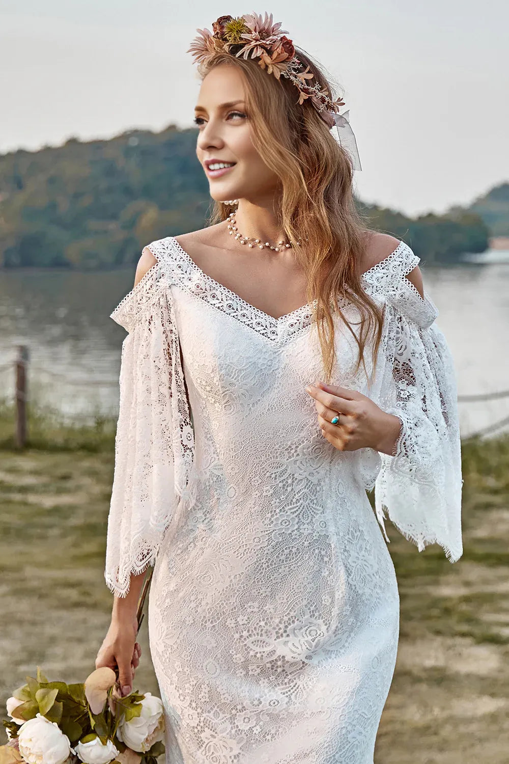 Boho Mermaid Cold Shoulder Cape Sleeve V Back Sweep Train Wedding Dress