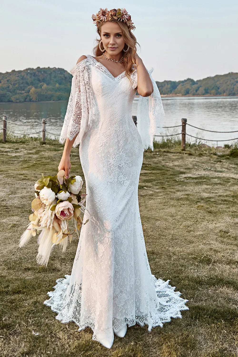 Boho Mermaid Cold Shoulder Cape Sleeve V Back Sweep Train Wedding Dress
