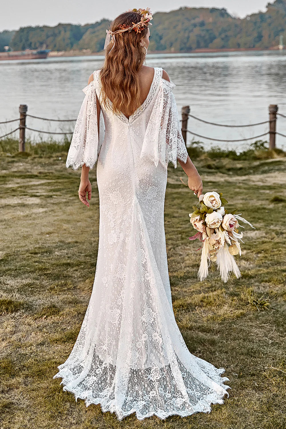 Boho Mermaid Cold Shoulder Cape Sleeve V Back Sweep Train Wedding Dress