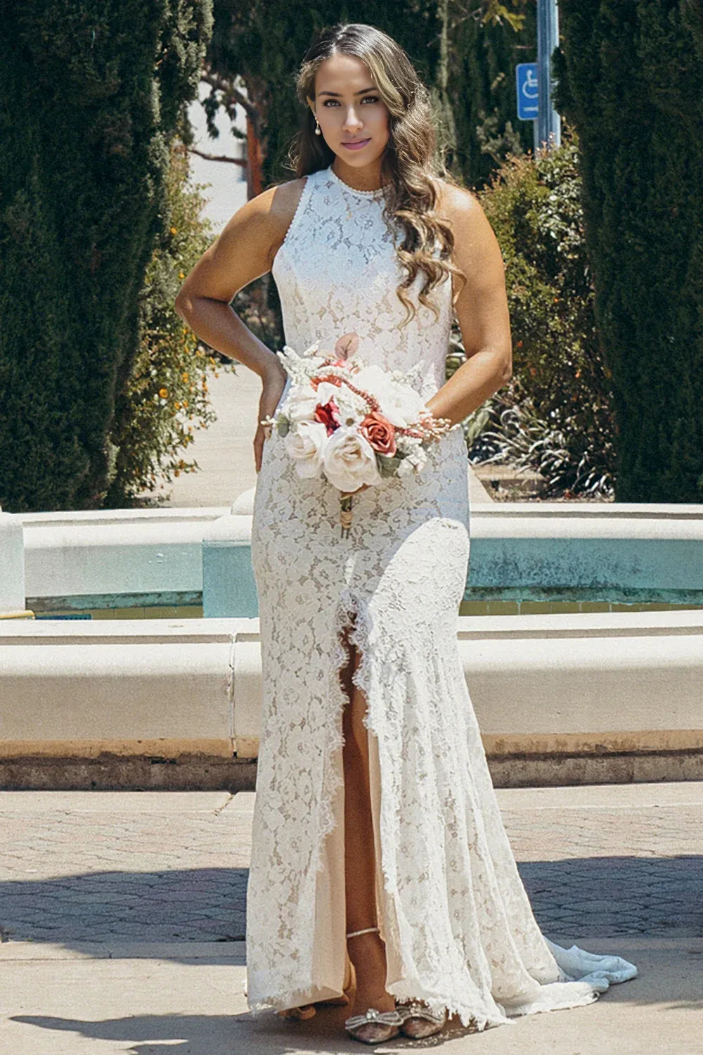 Boho Mermaid Cold Shoulder Sleeveless Open Back Sweep Train Wedding Dress