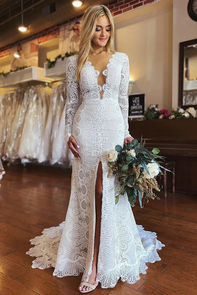 Boho Mermaid V Neck Long Sleeve Appliques Lace Sweep Train Wedding Dress