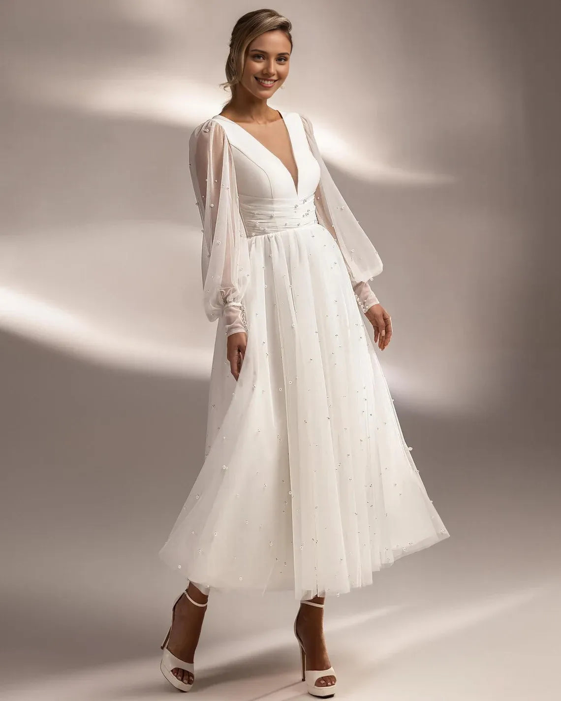 Boho Wedding Dress Long Sleeve Tulle Pearl Bridal Party Dress Deep V-Neck Bridal Gown Evening Prom Dress A Line Tea Length Wedding Dress