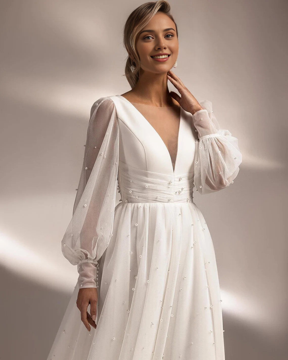 Boho Wedding Dress Long Sleeve Tulle Pearl Bridal Party Dress Deep V-Neck Bridal Gown Evening Prom Dress A Line Tea Length Wedding Dress