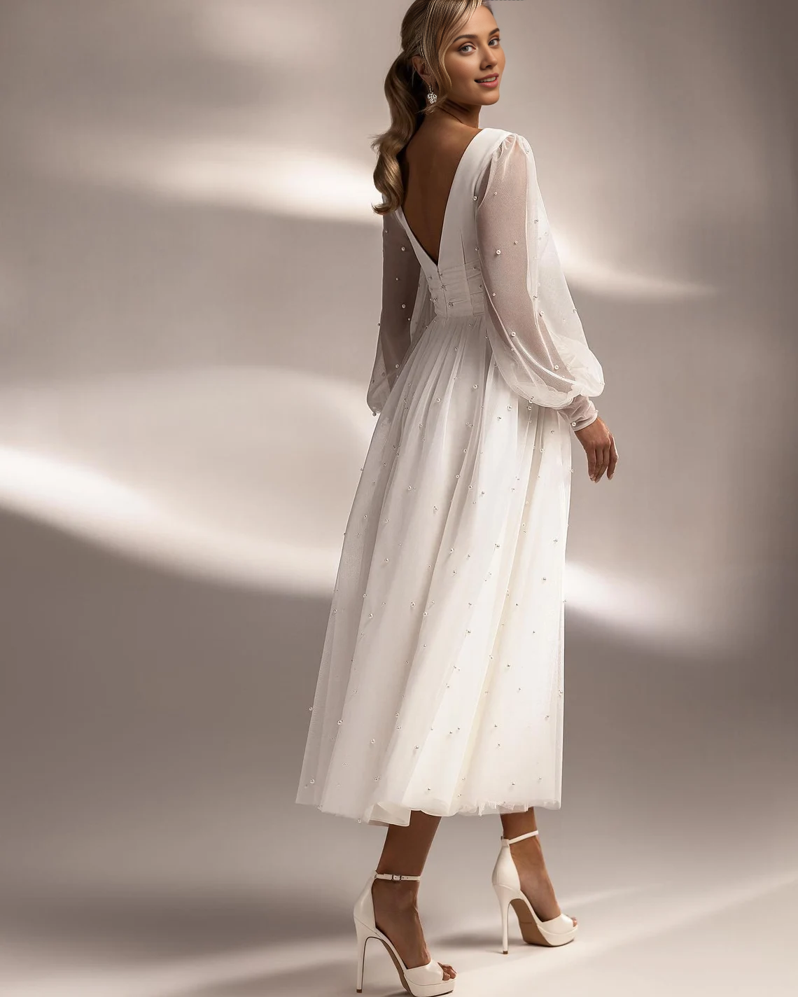 Boho Wedding Dress Long Sleeve Tulle Pearl Bridal Party Dress Deep V-Neck Bridal Gown Evening Prom Dress A Line Tea Length Wedding Dress