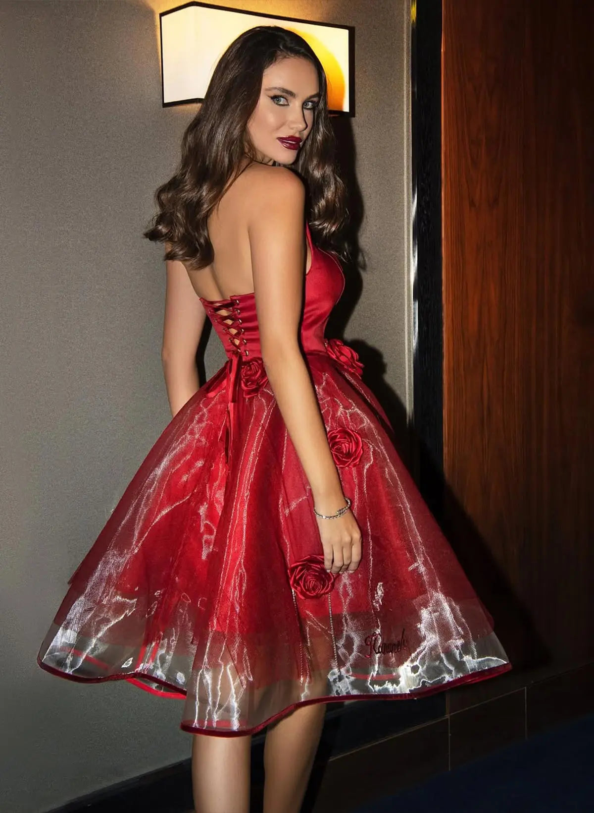 Bold A-Line Strapless Sweetheart Satin Tulle Midi Cocktail Dress with 3D Roses