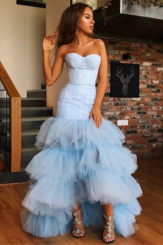 Vestidos formales Weitese para mujer, vestidos de fiesta de tul sin tirantes de sirena azul claro, trajes de fiesta, capas con lazo, vestidos de noche, tiendas de vestidos de fiesta 
