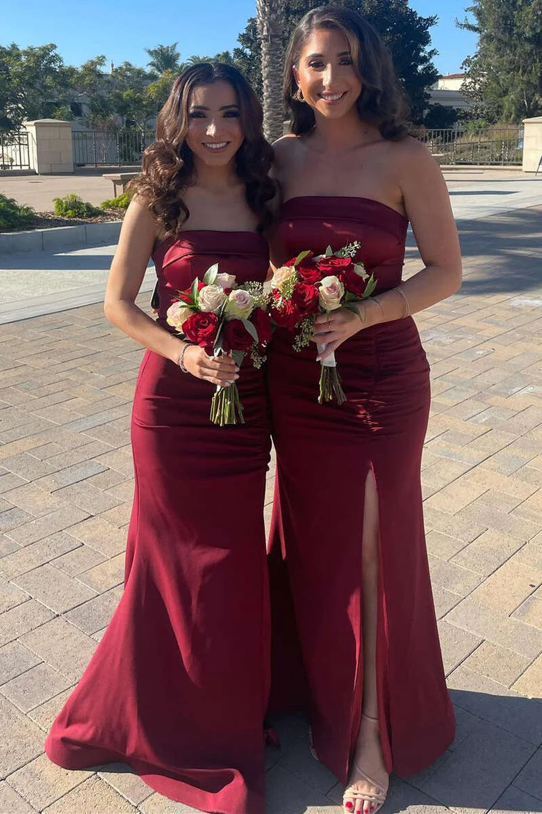 Satin Strapless Long Bridesmaid Dress with Slit