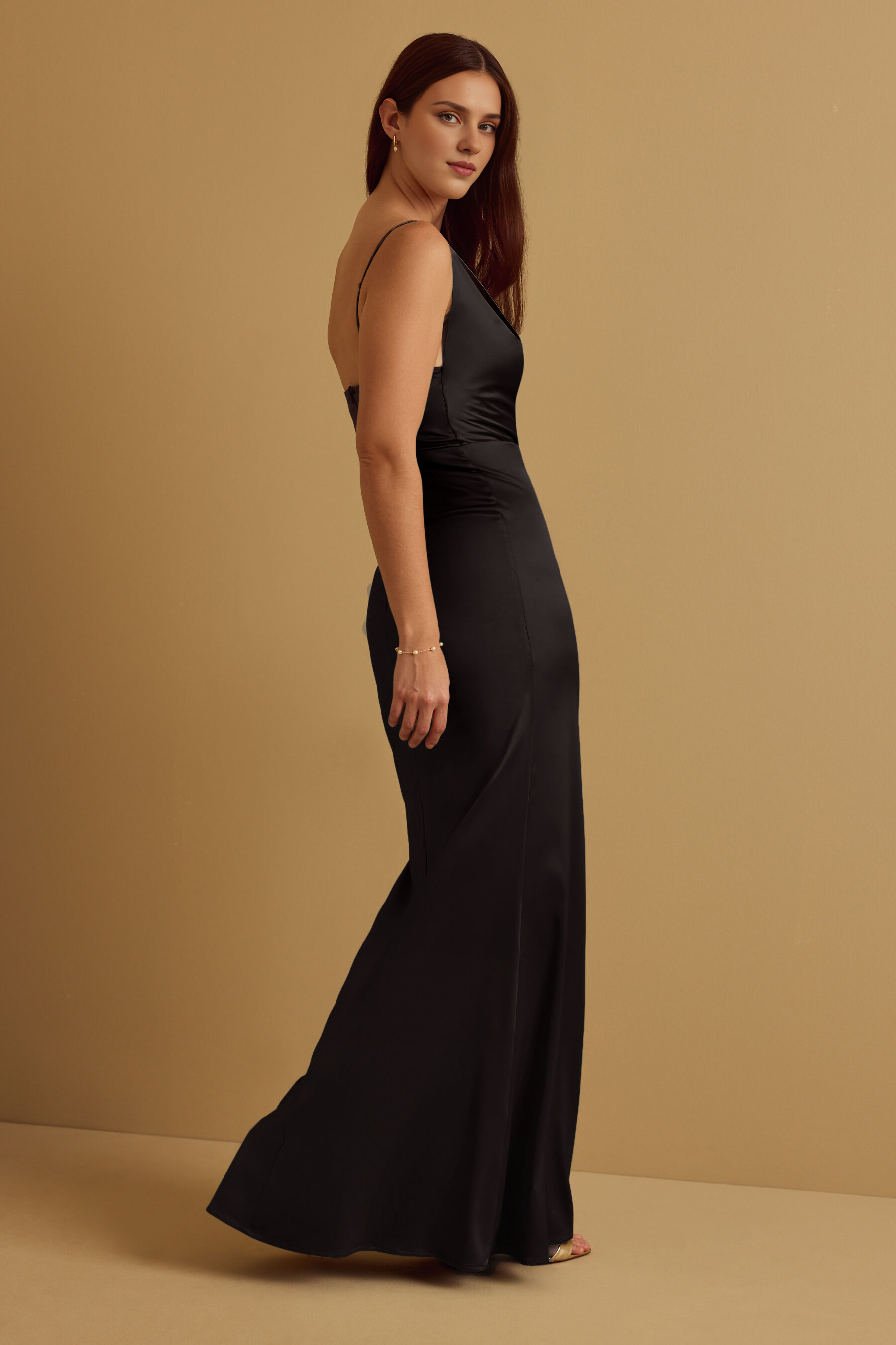 Weitese Formal Wear Dresses Sleeveless Satin Off Shoulder Spaghetti Straps Floor Length Bridesmaid Dress Formal Black Dresses Stores With Prom Dresses