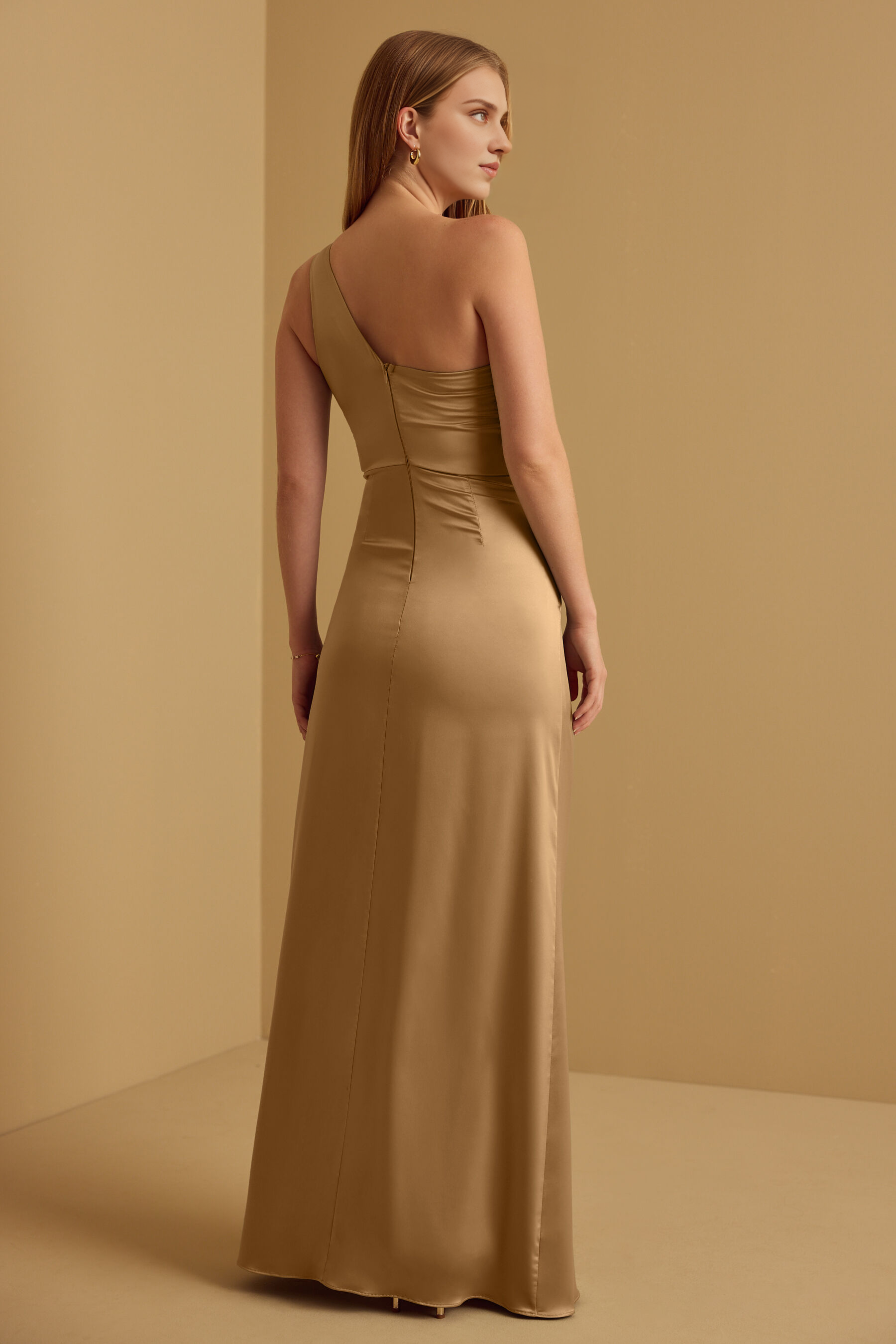 Weitese Formal Wear Dresses Sleeveless Satin One-shoulder Pleated Floor Length Bridesmaid Dress Stores With Prom Dresses With Side Slit