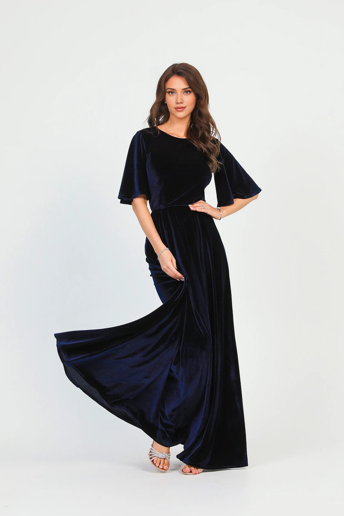 Bridesmaid Dress Velvet Dress Evening Dress Flare Sleeve Dark Blue Dress Maid Of Honor Floor Length Prom Dress