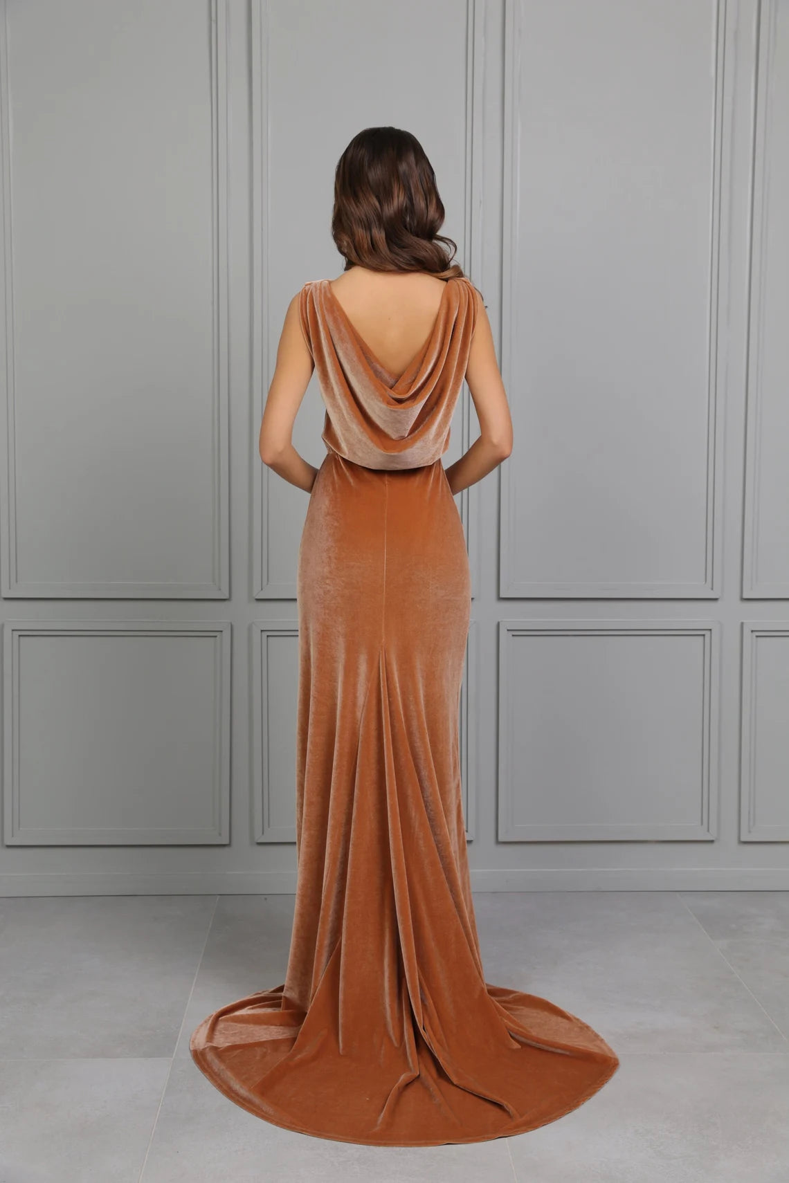 Bridesmaid Velvet Dress High Quality Fabric Dress Mermaid Gown Cowl Open Back Evening Dress With Train