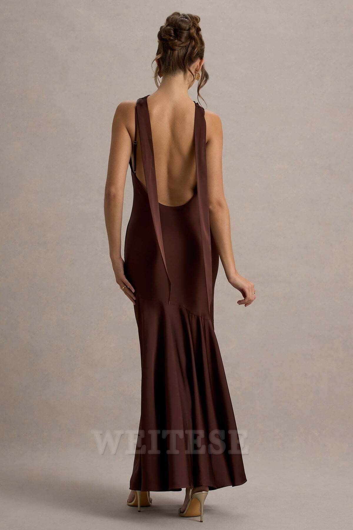 Weitese Dress Lemon Satin Cowl-Neck Maxi Dress Bridesmaid Dress Low Backless Floor Length Sheath Prom Dress