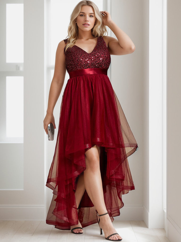 Robe de soirée grande taille Weitese sans manches en tulle à paillettes et ruban à taille haute