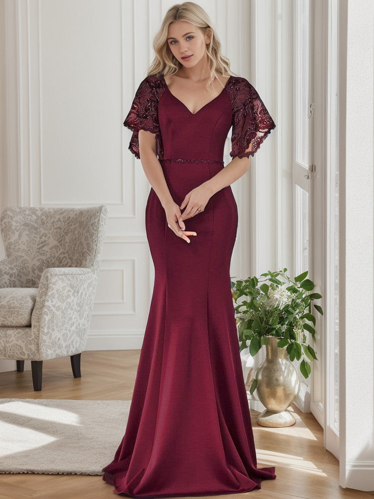 Weitese Sexy V Neck Maxi Bodycon Evening Dress with Flare Sleeves