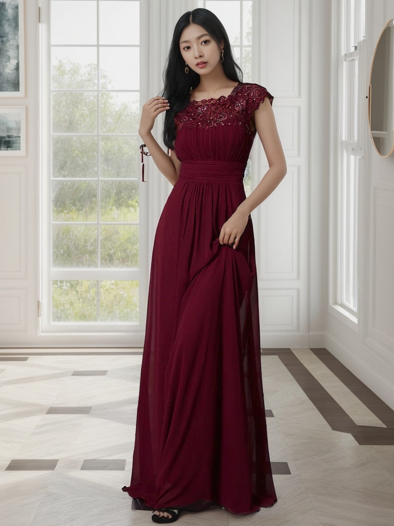 Weitese Maxi Lace Cap Sleeve Long Formal Evening Dress