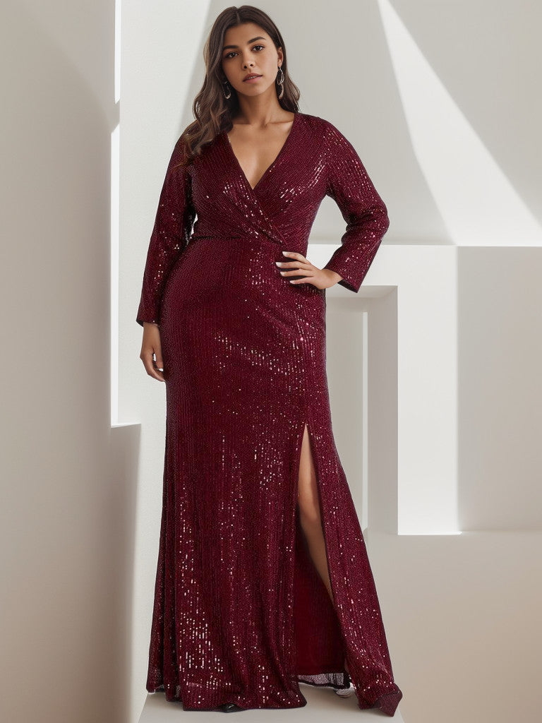 Robe de soirée grande taille Weitese, sexy, décolleté en V profond, corsage à paillettes