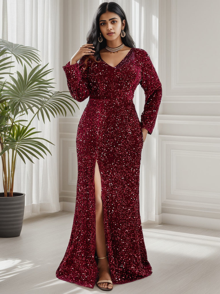 Robe de soirée moulante grande taille à manches longues et sequins, fendue sur le devant