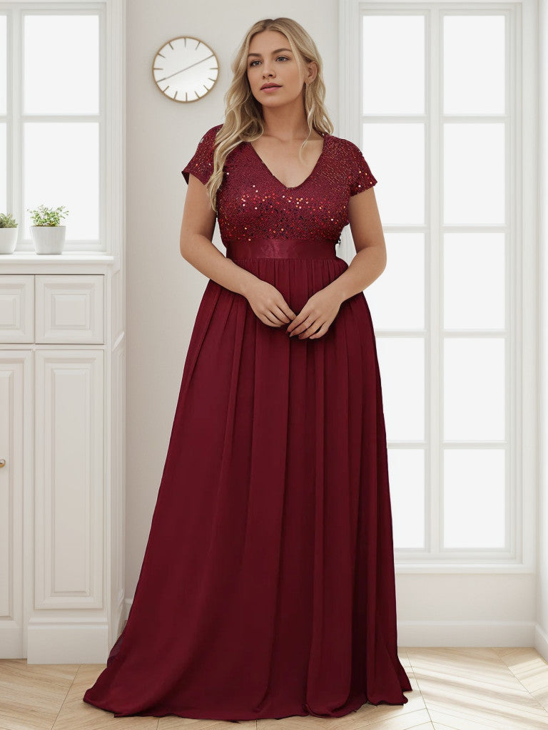 Robe de soirée Weitese grande taille en mousseline de soie, taille empire, col en V, manches courtes