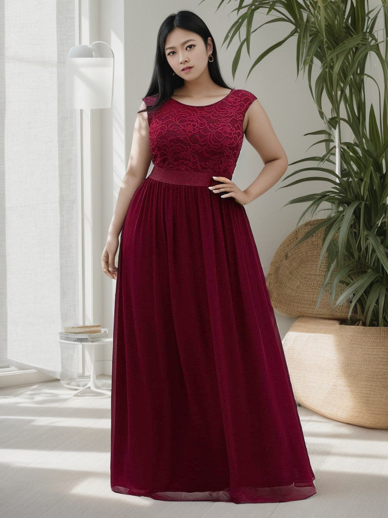 Robe de demoiselle d'honneur Weitese grande taille, classique, col rond, dos en V, coupe trapèze, en mousseline de soie et dentelle