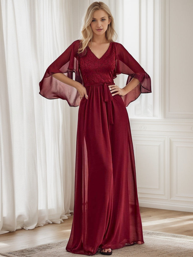 Weitese Deep V Neck Lace Bodice Long Flowy Evening Dress