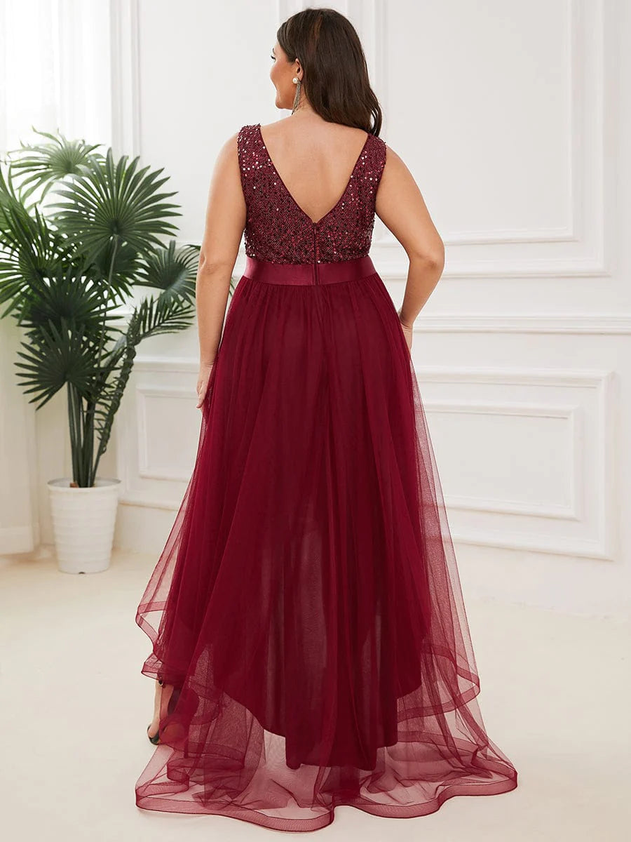 Robe de soirée grande taille Weitese sans manches en tulle à paillettes et ruban à taille haute