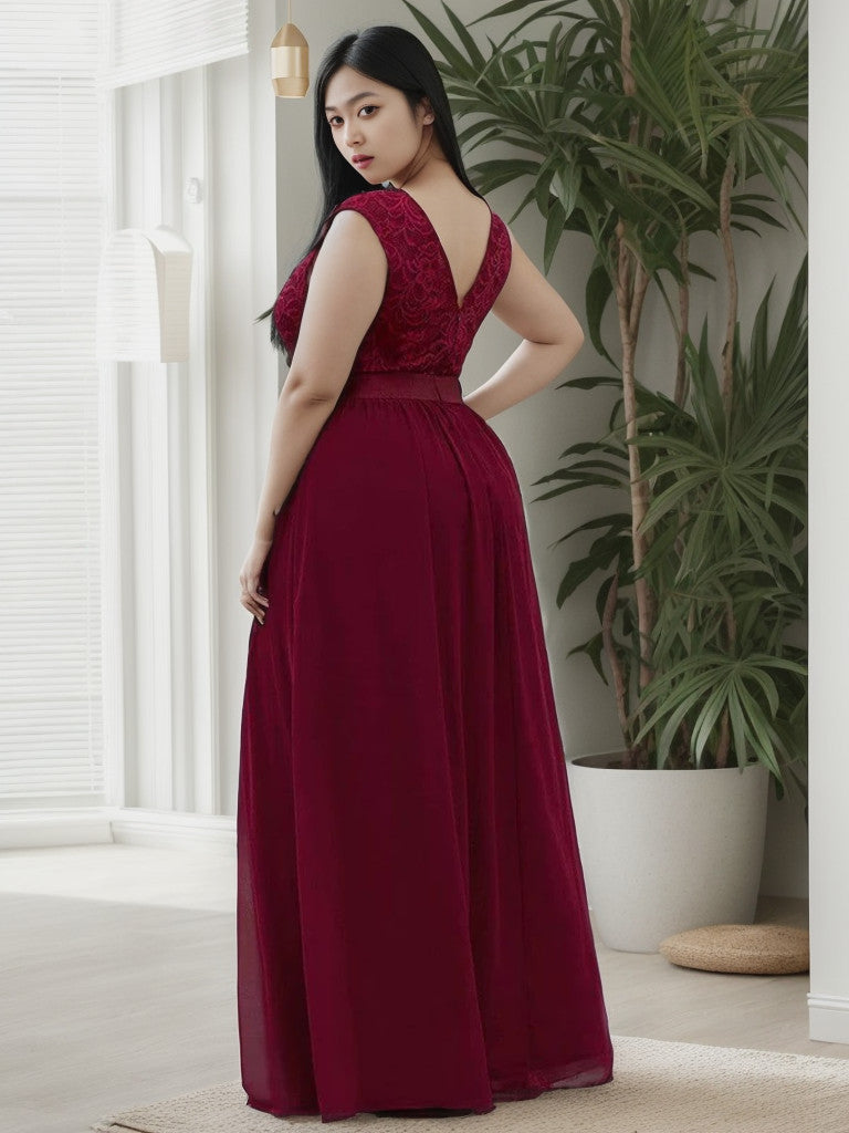 Robe de demoiselle d'honneur Weitese grande taille, classique, col rond, dos en V, coupe trapèze, en mousseline de soie et dentelle