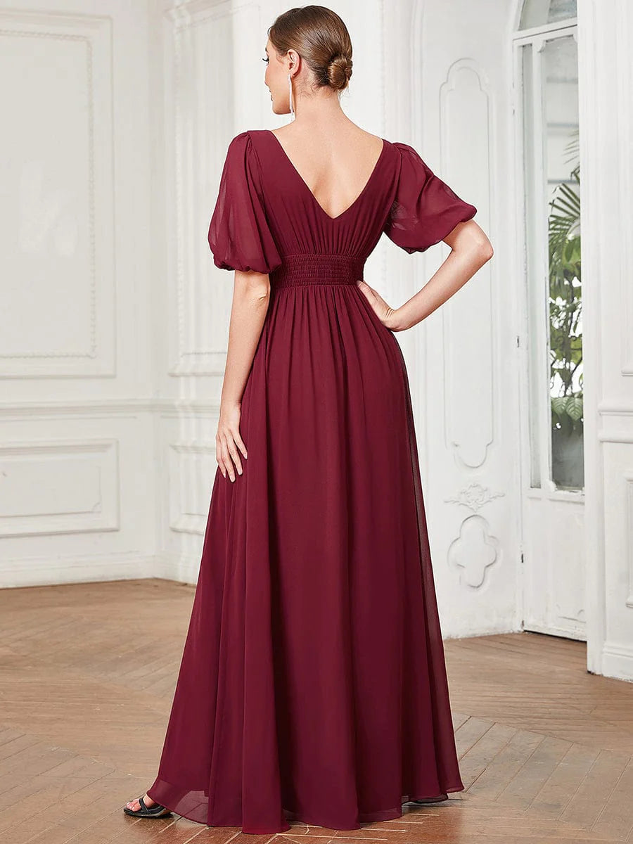 Weitese Chiffon Illusion V-Neck Flutter Sleeve Front Slit Evening Dress