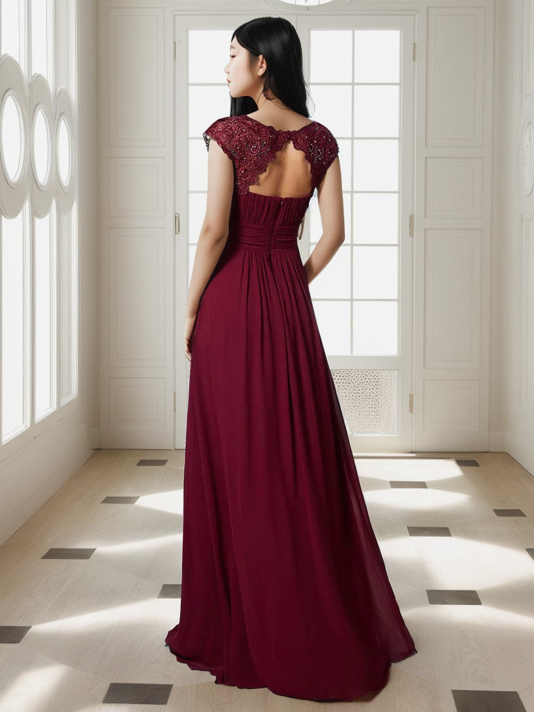 Weitese Maxi Lace Cap Sleeve Long Formal Evening Dress