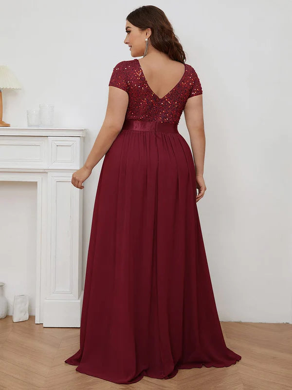 Robe de soirée Weitese grande taille en mousseline de soie, taille empire, col en V, manches courtes