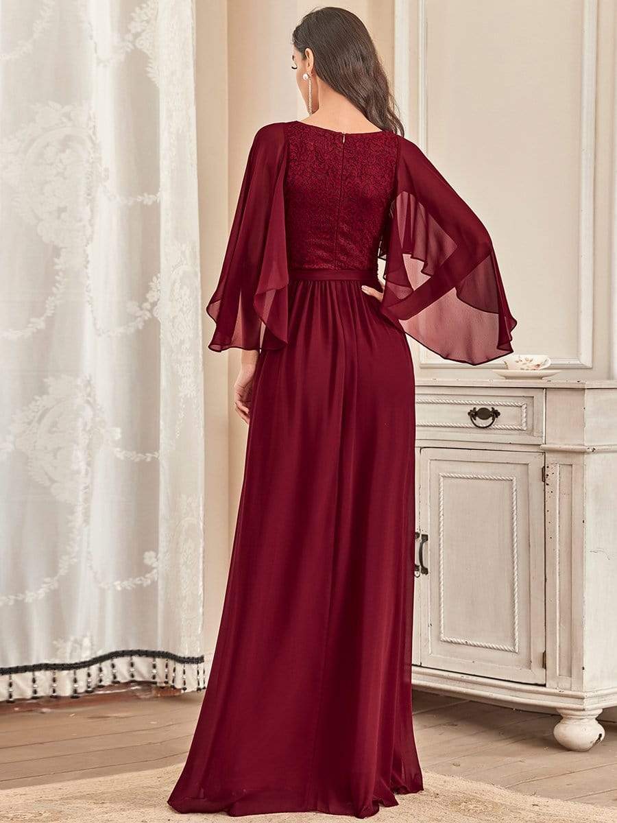 Weitese Deep V Neck Lace Bodice Long Flowy Evening Dress