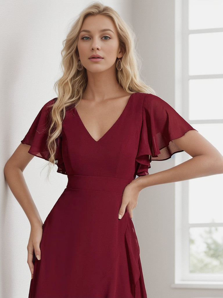 Charmante robe de demoiselle d'honneur en mousseline de soie Weitese avec ourlet en feuille de lotus