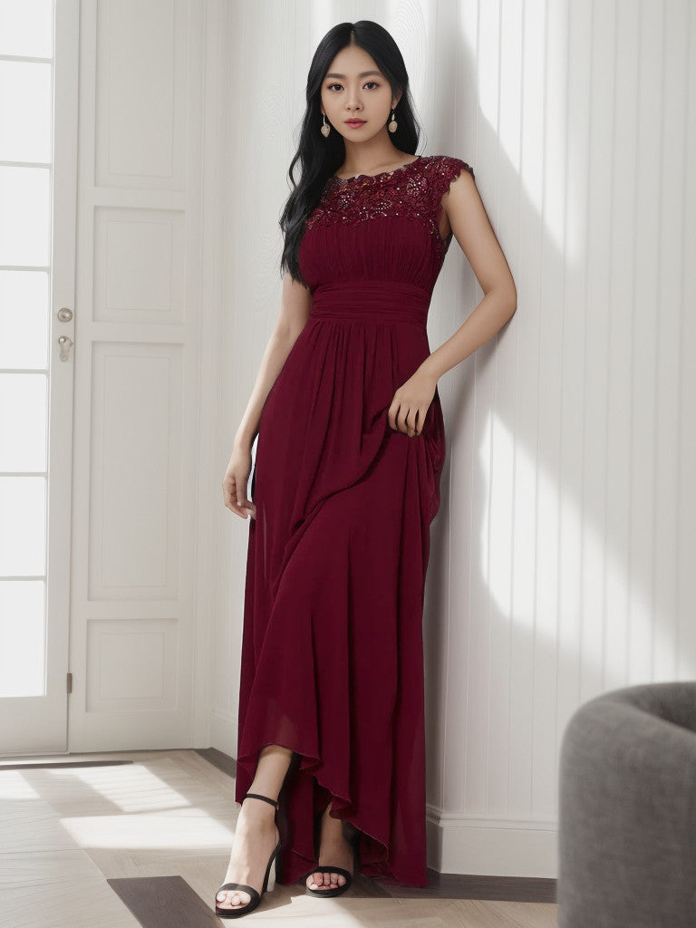 Weitese Maxi Lace Cap Sleeve Long Formal Evening Dress