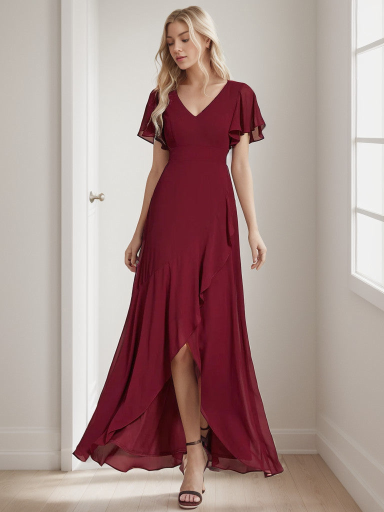 Charmante robe de demoiselle d'honneur en mousseline de soie Weitese avec ourlet en feuille de lotus