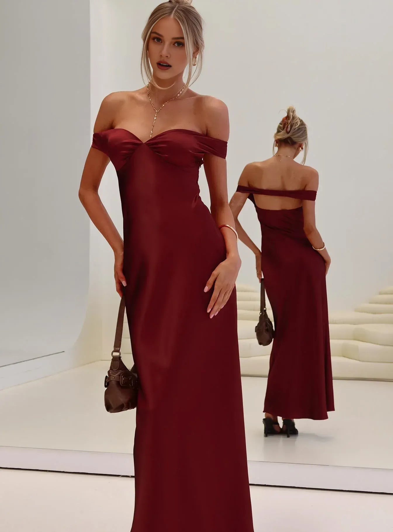 Satin Off - Shoulder Maxi Dress Hot Sale Long Prom Dresses