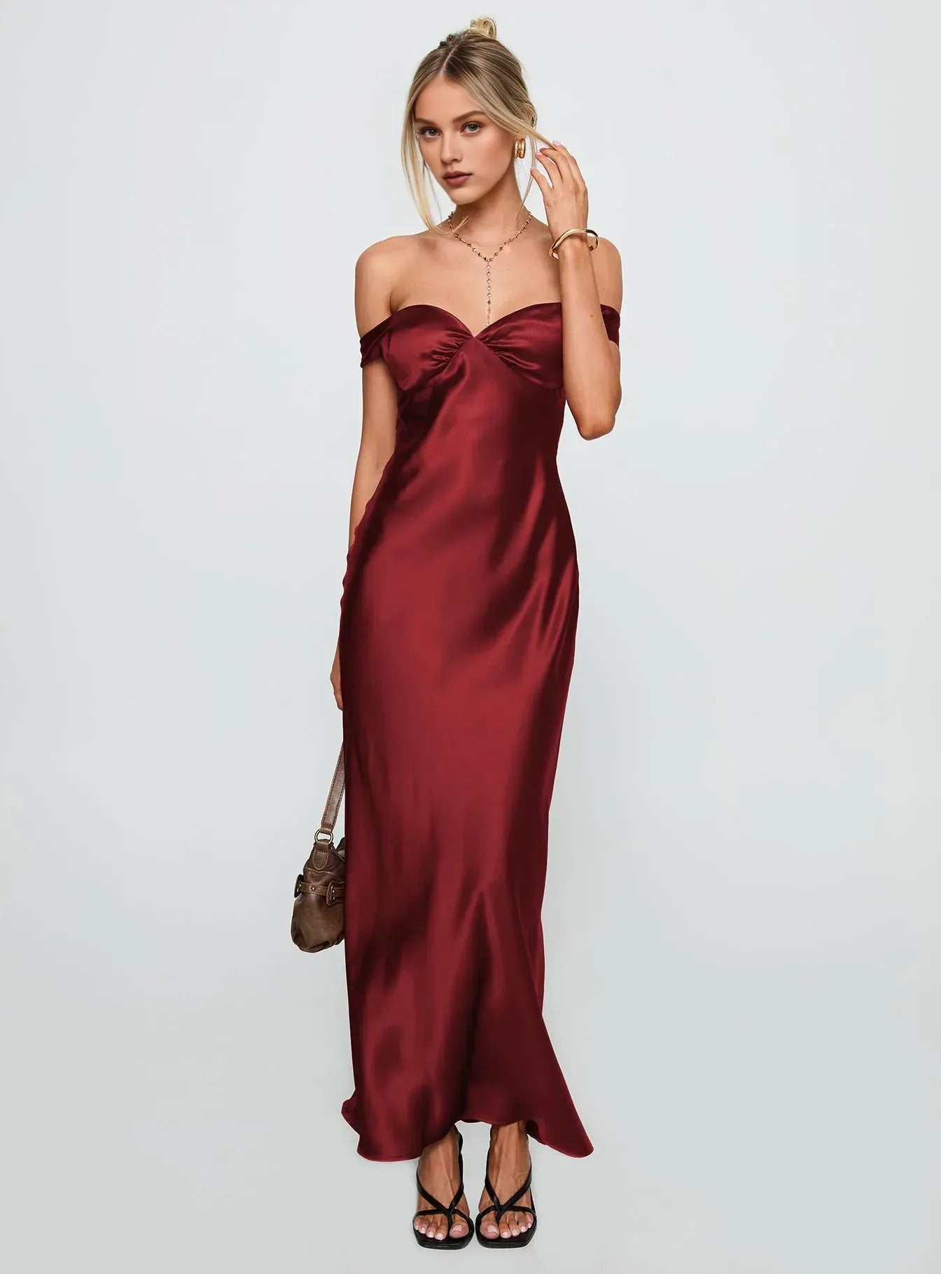 Satin Off - Shoulder Maxi Dress Hot Sale Long Prom Dresses