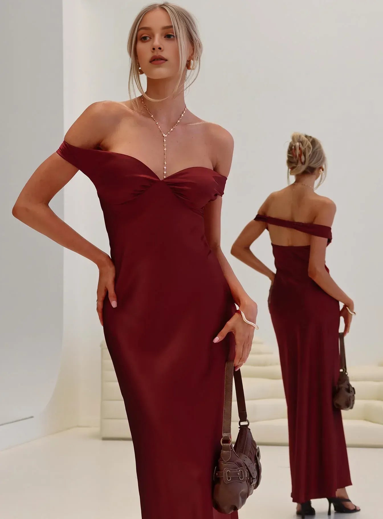 Satin Off - Shoulder Maxi Dress Hot Sale Long Prom Dresses