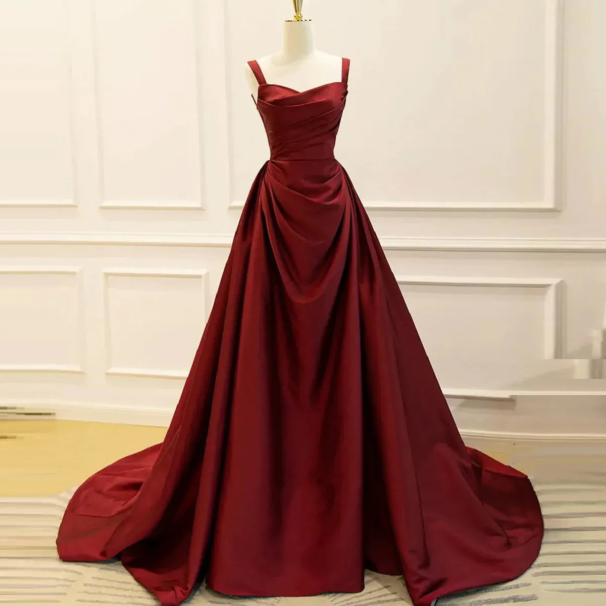 Burgundy Spaghetti Strap Ruched Corset Back Satin A-Line Train Prom Dress